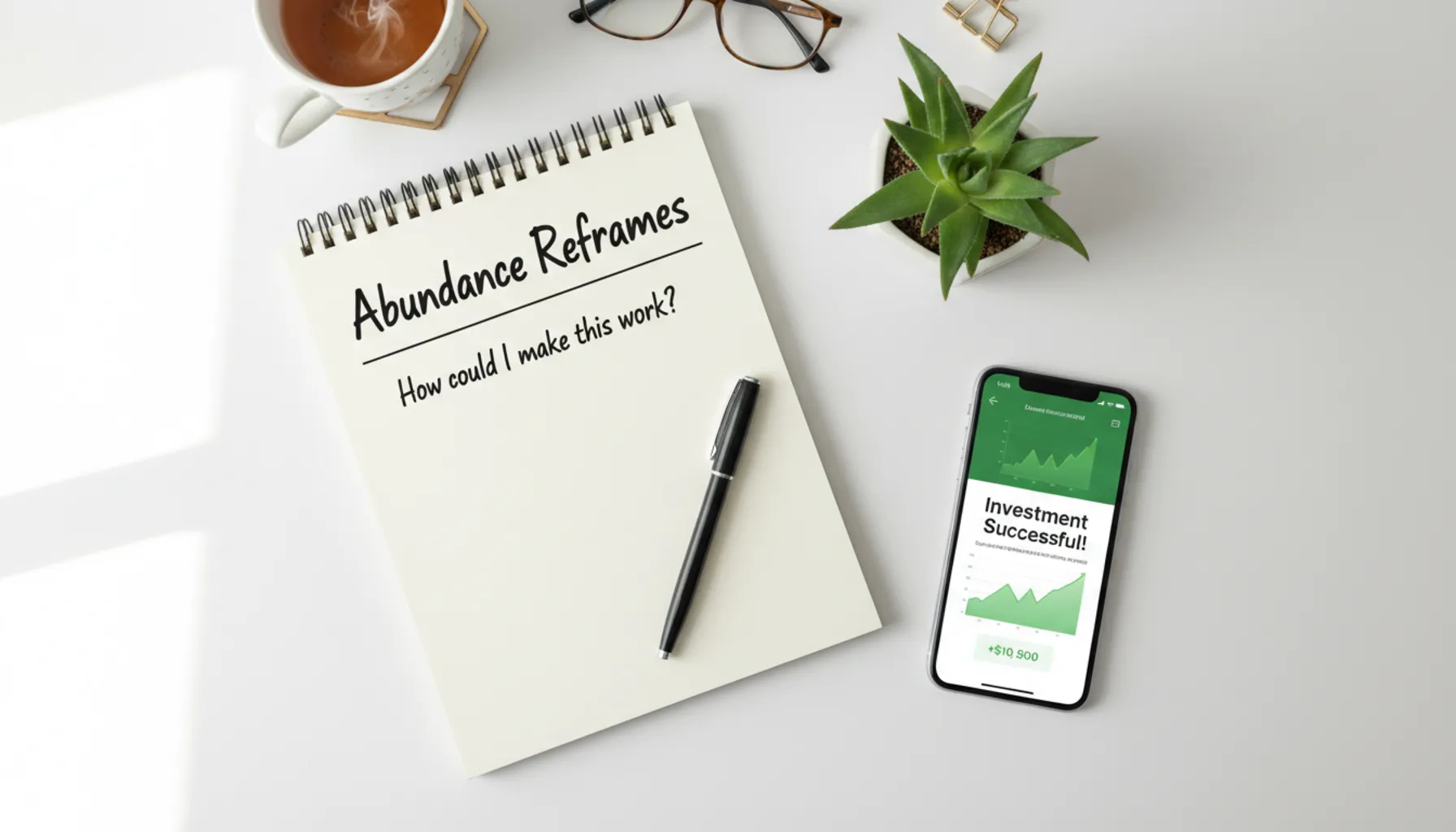 Workspace with a notebook showing an abundance reframe question to train the brain
for prosperity.