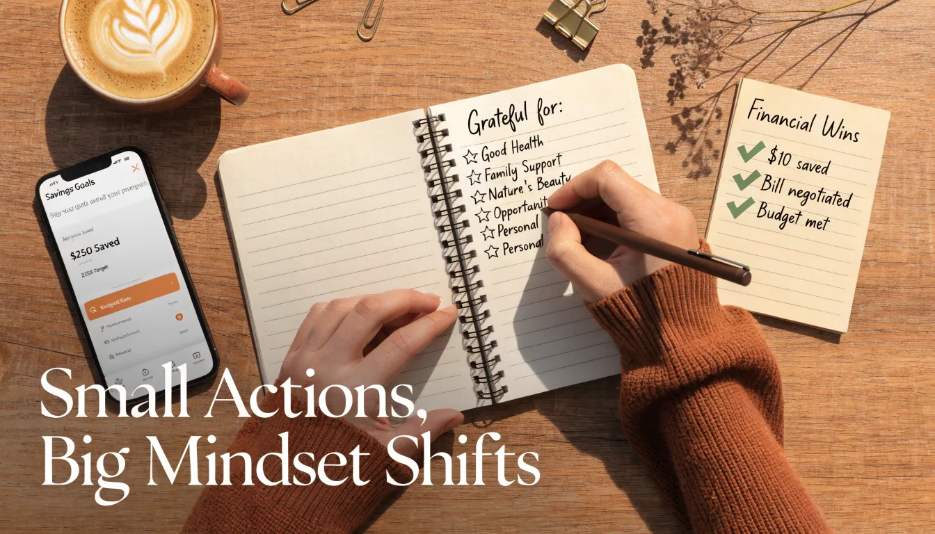 Financial gratitude journal with money goals tracking showing abundance mindset
strategies and small wins