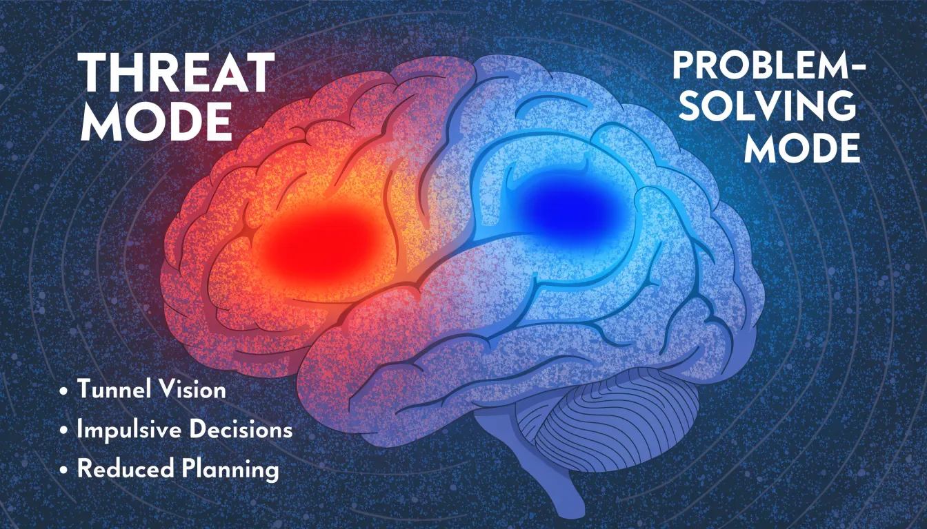 Brain diagram showing amygdala threat mode versus prefrontal cortex problem solving during scarcity and abundance