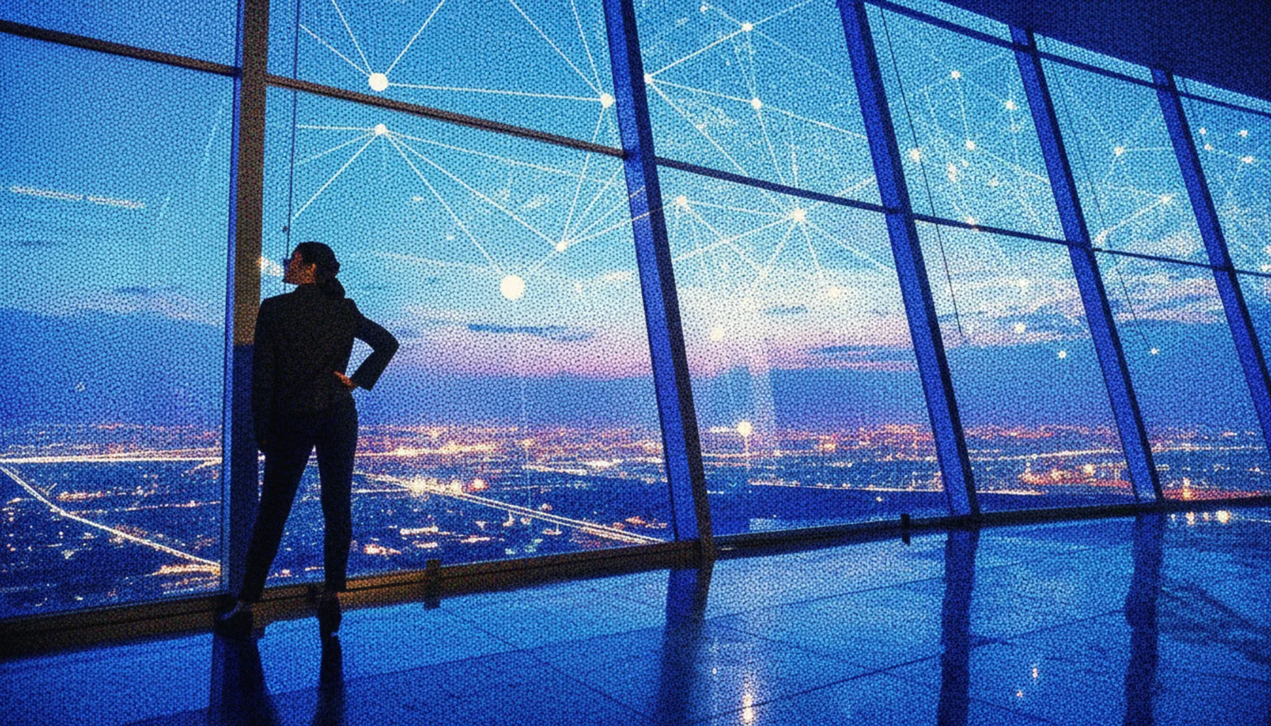 Person looking at a glowing city skyline symbolizing the infinite possibilities of an abundance mindset.