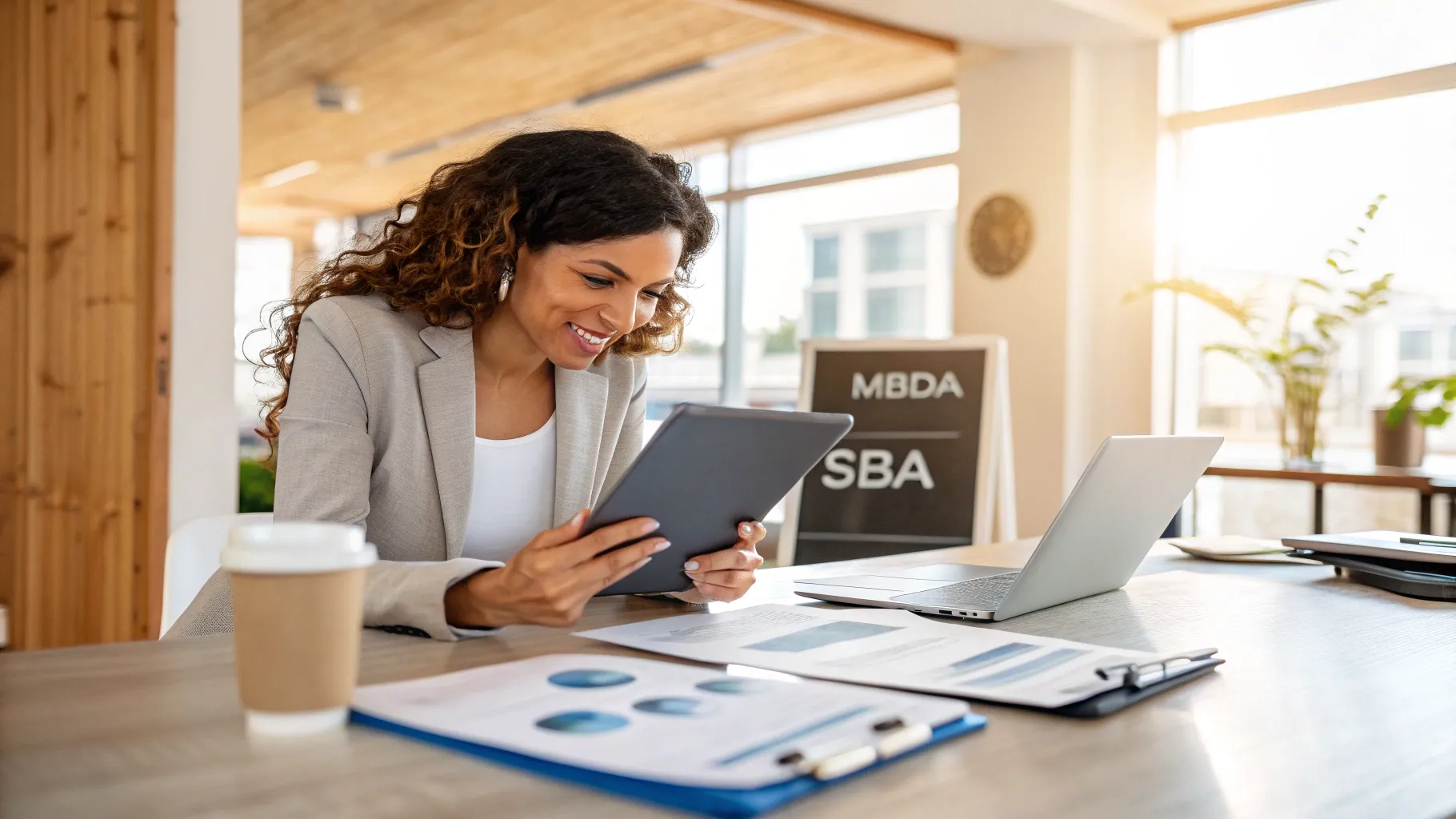 A minority entrepreneur reviewing a business plan on a tablet in a modern home office
setting.