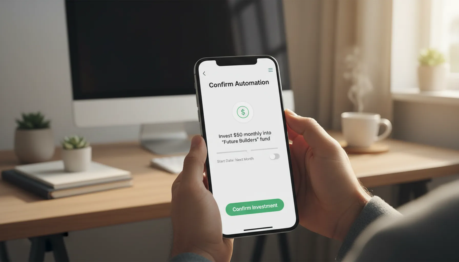 Smartphone screen showing the automation of a small monthly investment to build
confidence as an investor.