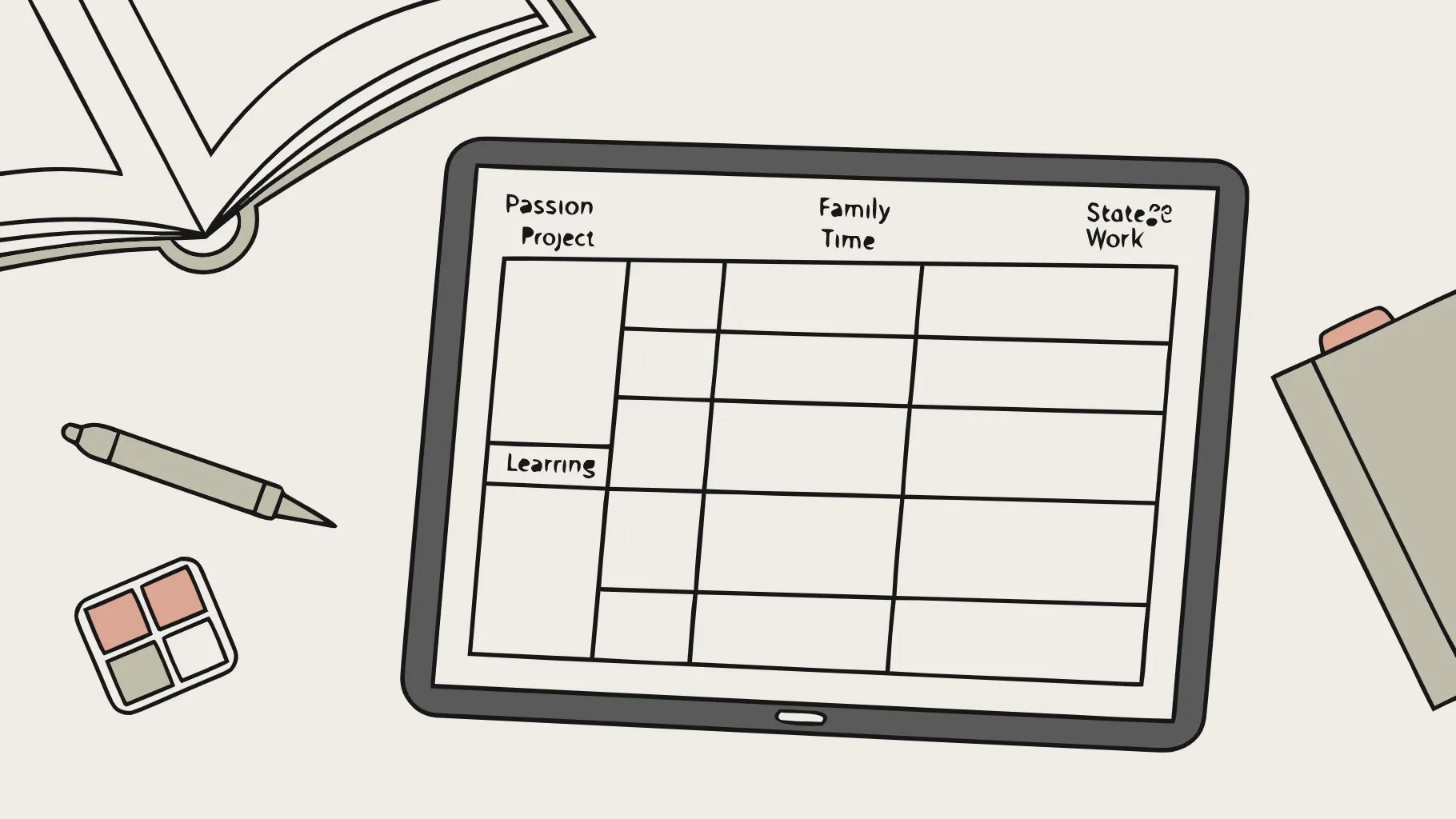 Digital calendar on a tablet showing a balanced schedule focused on passion projects
and family time.